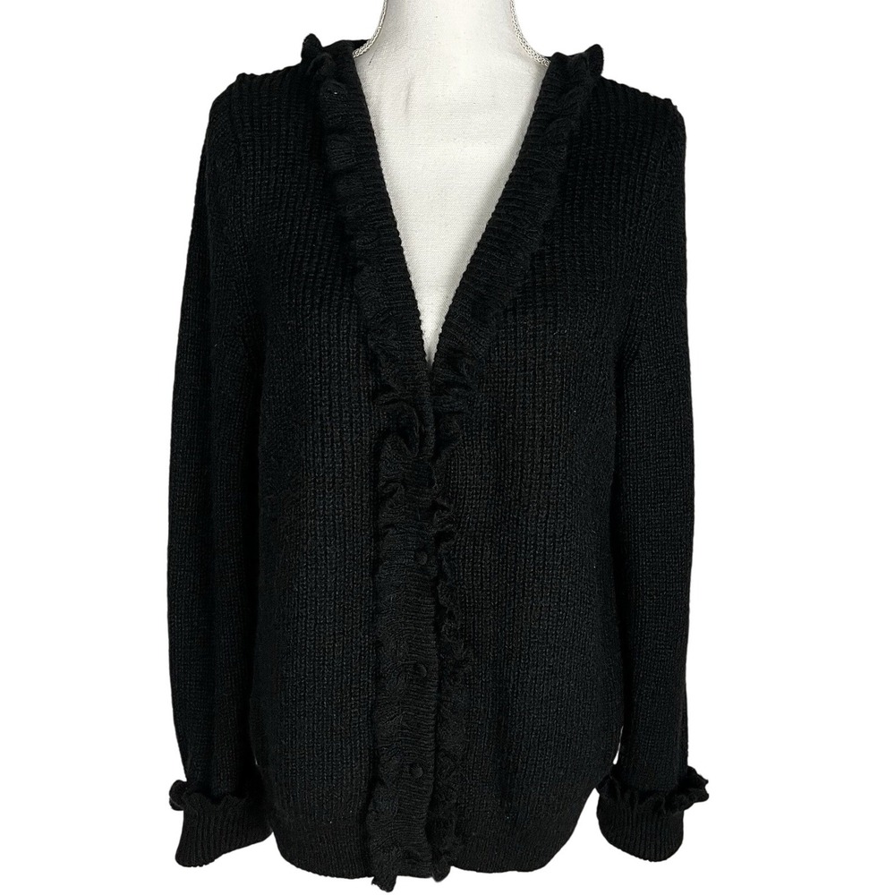 Boden Women's Black‎ Ruffle Trim V-Neck Knit Button-Up Sweater Size US 12